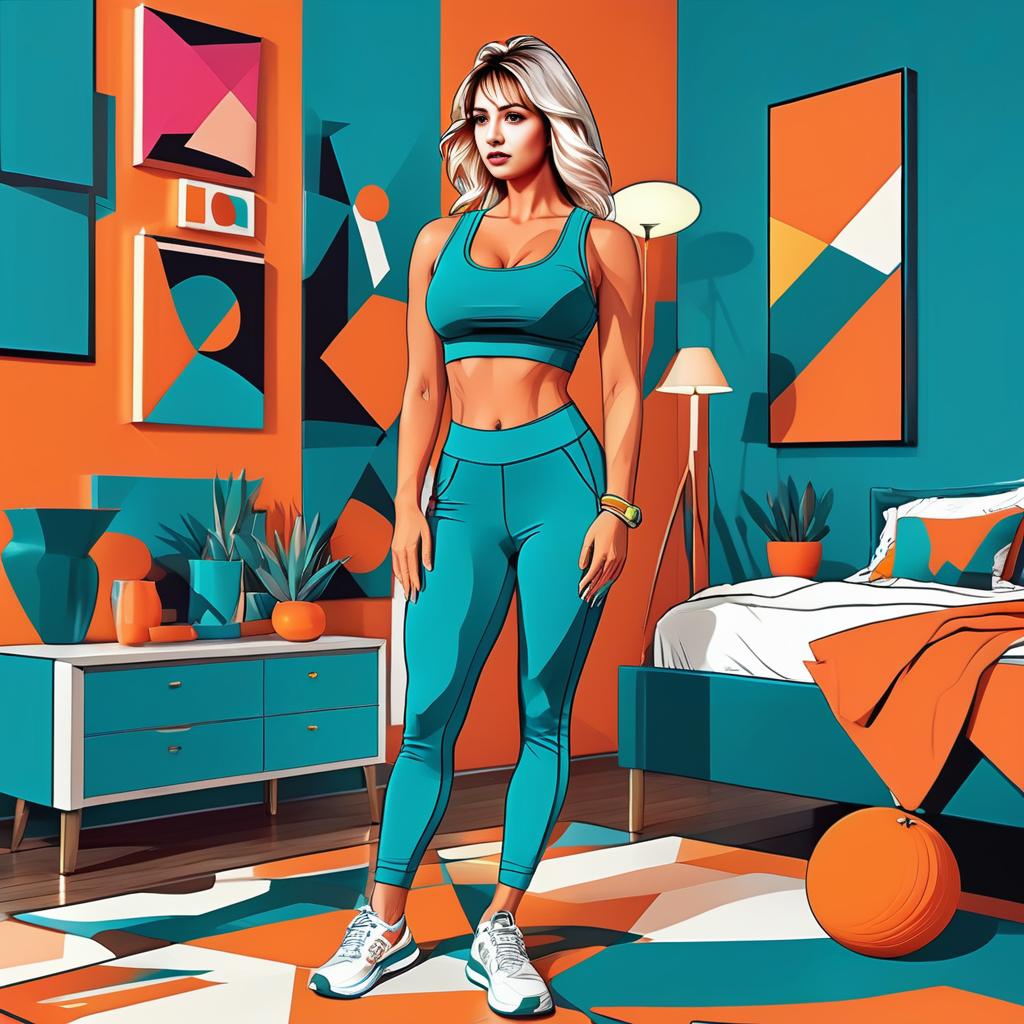 Stylish Woman in Blue Athletic Wear in Modern Bedroom Stylish Woman in Blue Athletic Wear in Modern Bedroom