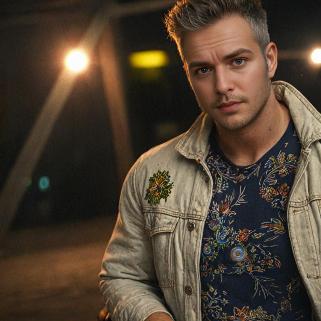 Stylish Young Man in Denim Jacket and Floral Shirt