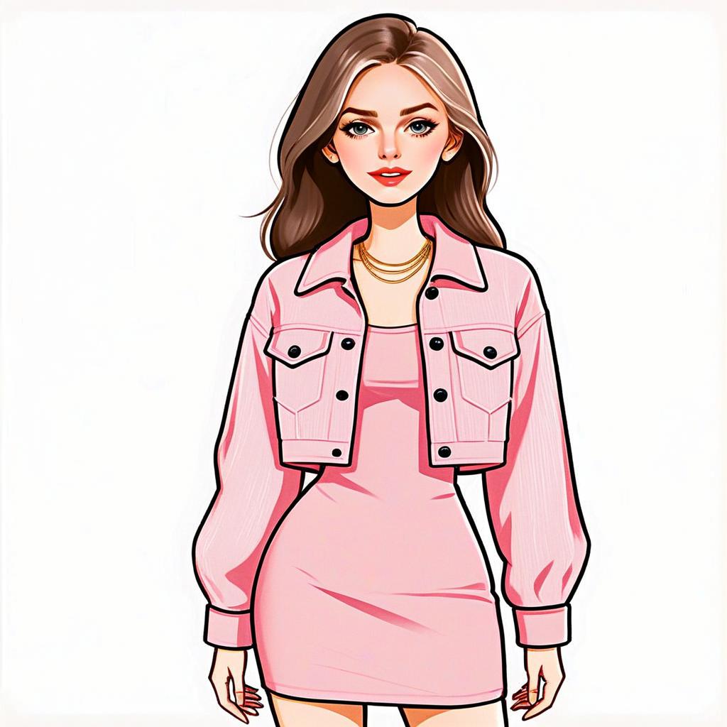 Modern Woman in Pink Dress and Cropped Jacket Digital Illustration