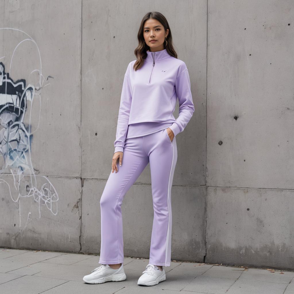 Woman in Lavender Tracksuit Against Urban Concrete Wall