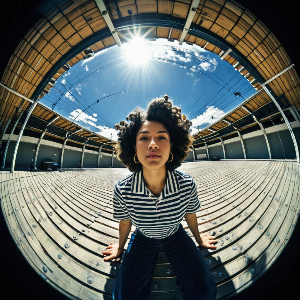 Young Woman Sitting Under Circular Roof Captured with Fisheye Lens