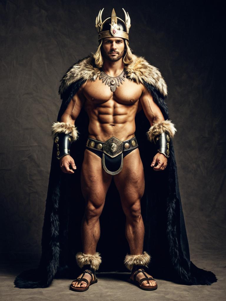 Muscular Warrior King in Fur Cape and Gold Crown Standing Confidently
