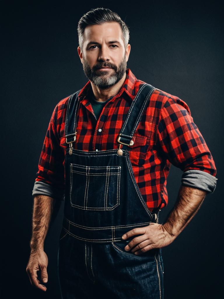 Photorealistic Portrait of Man in Lumberjack Costume with Red Checkered Shirt and Denim Overalls