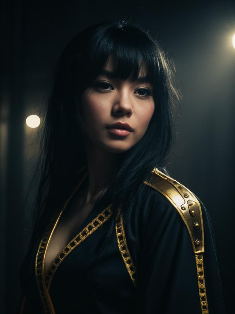 Realistic Cosplay Woman Wearing Maki Zenin Costume with Gold Details