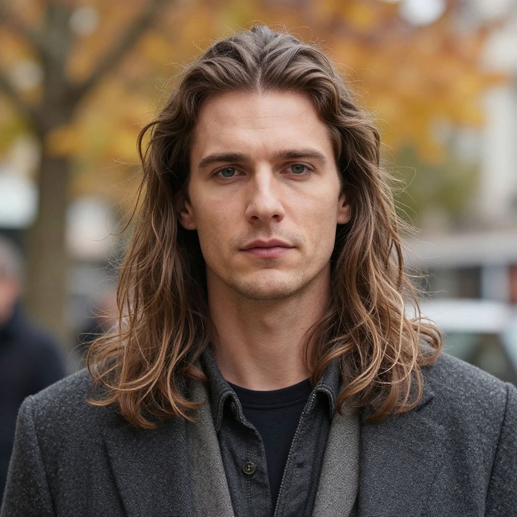 Young Man with Long Hair in Autumn Outdoor Portrait