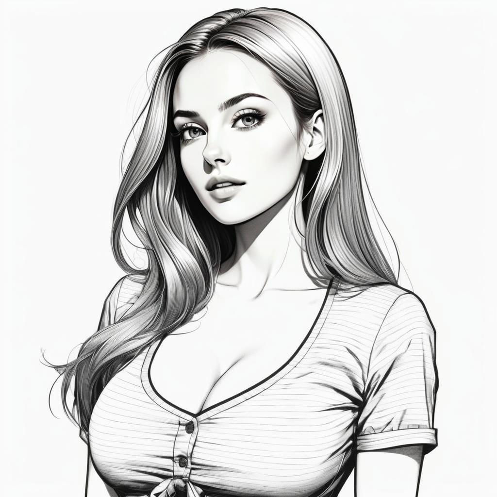 Black and White Digital Portrait of Young Woman in Striped Shirt