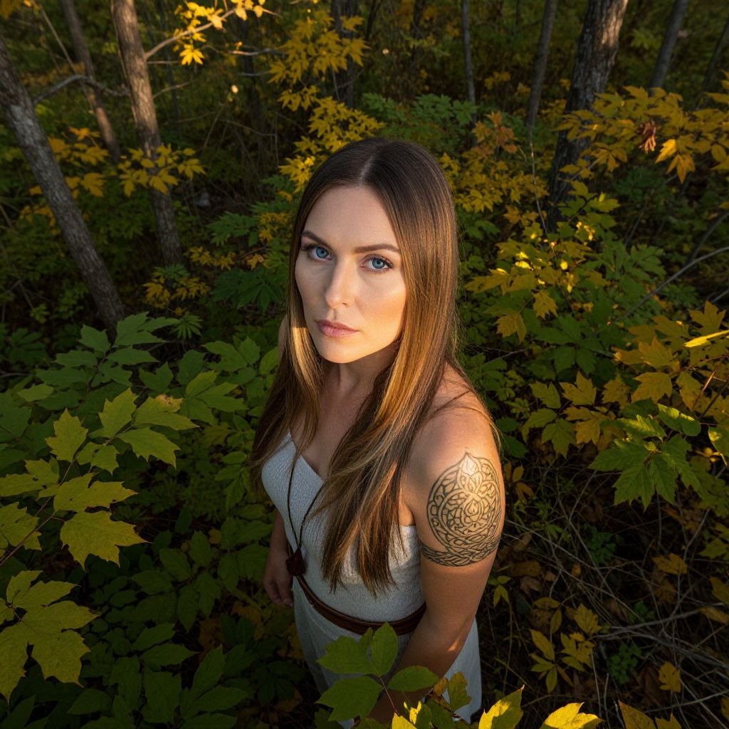 Young Woman with Tattoo in Forest Surrounded by Autumn Leaves