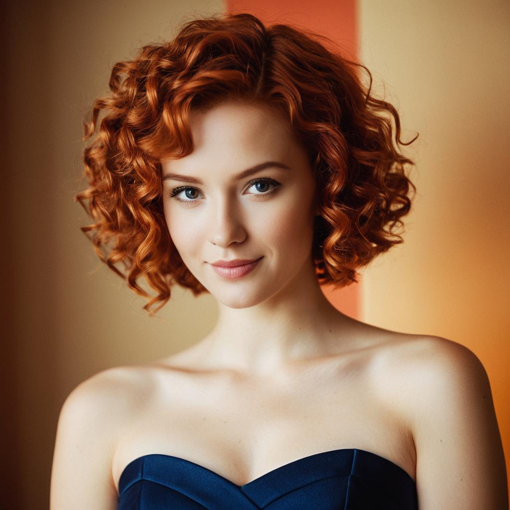 Portrait of Young Woman with Curly Red Hair Wearing Navy Blue Strapless Top