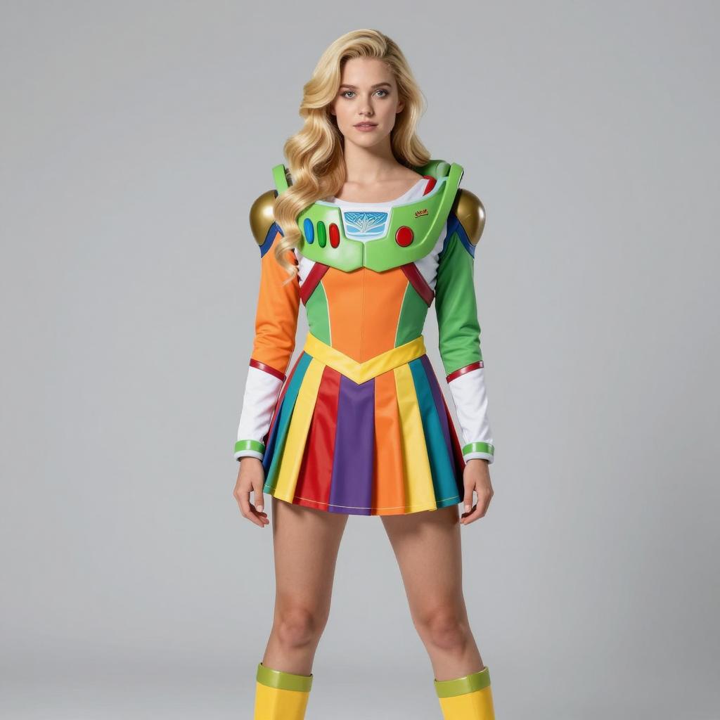 Woman Wearing Buzz Lightyear Inspired Colorful Cheerleader Costume