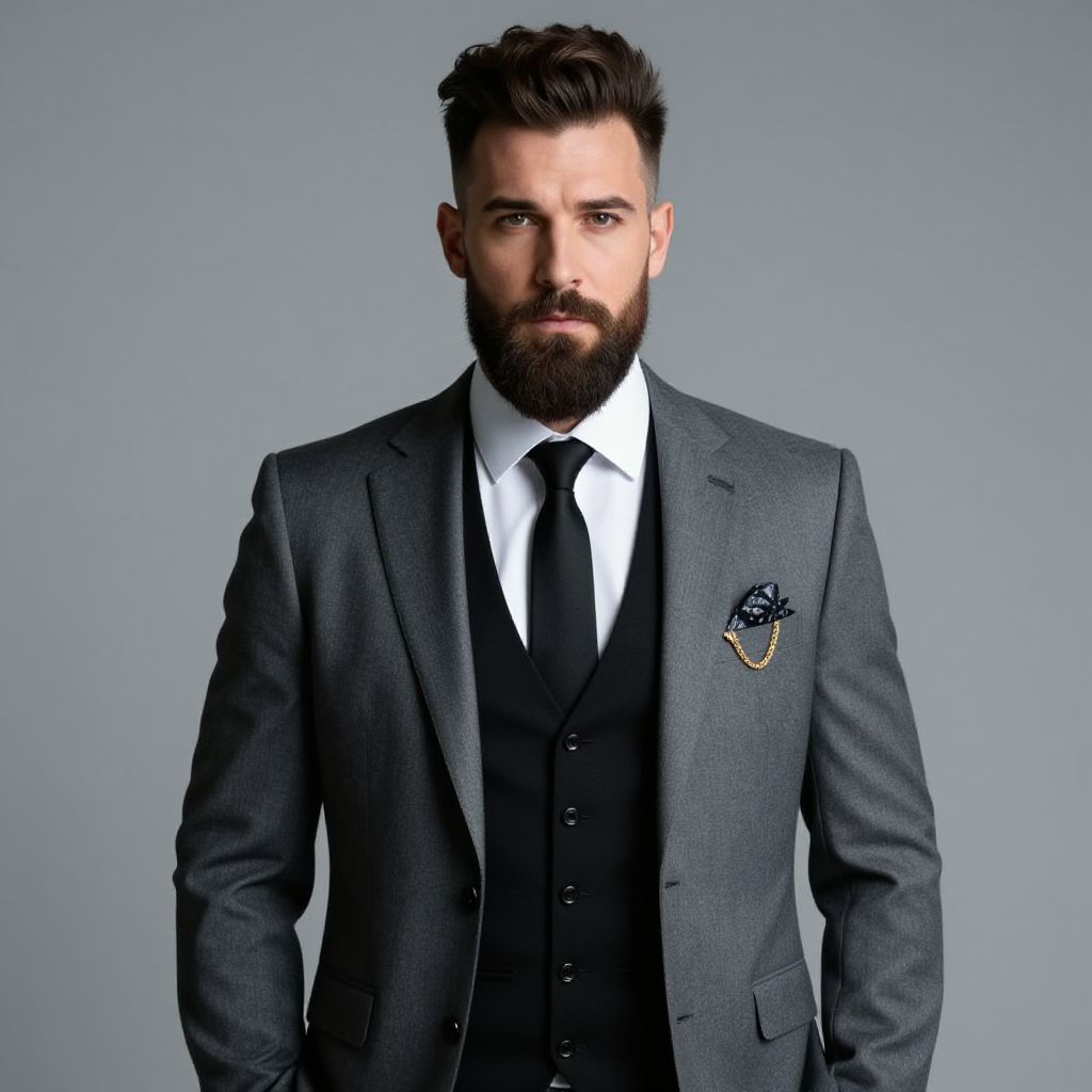 Confident Man in Modern Grey Suit with Black Vest and Pocket Square