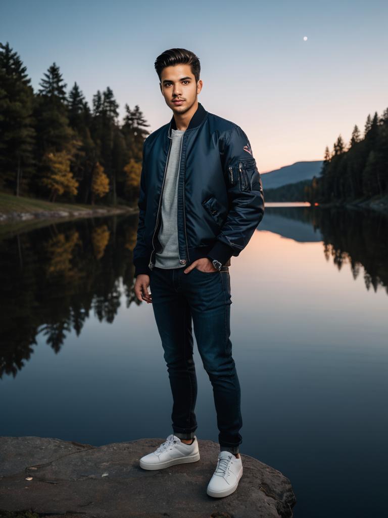 Man in bomber jacket by tranquil lake at dusk