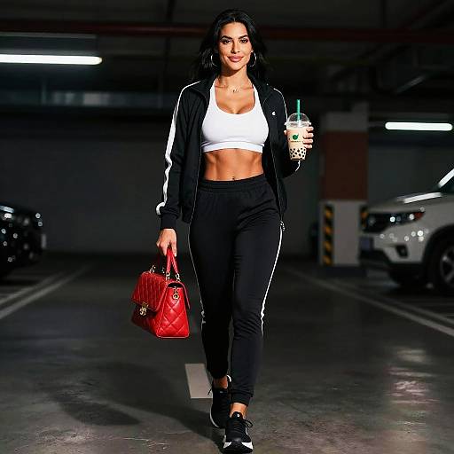 Sporty Woman with Red Handbag and Bubble Tea in Parking Garage