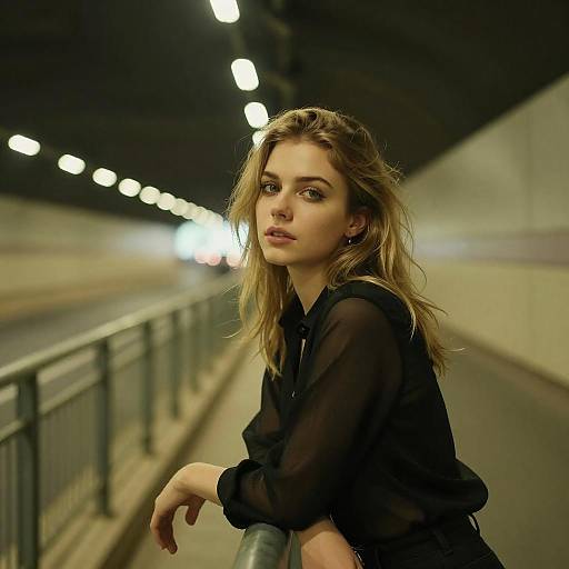 Portrait of Young Woman Leaning on Railing in Urban Tunnel