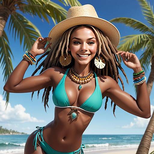 Smiling Woman in Turquoise Bikini on Tropical Beach with Hat and Jewelry