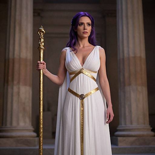 Woman in White Grecian Gown Holding Golden Staff with Purple Hair