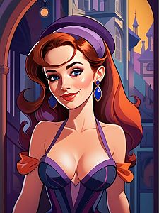 Stylish Red-Haired Woman in Purple Dress Digital Illustration