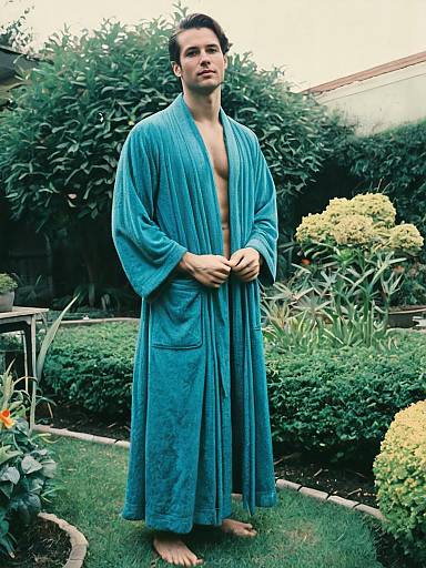 Man in Extra Long Blue Robe Standing in Garden