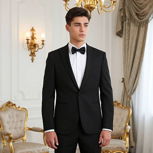 Young Man in Classic Black Tuxedo Bow Tie in Elegant Luxury Room
