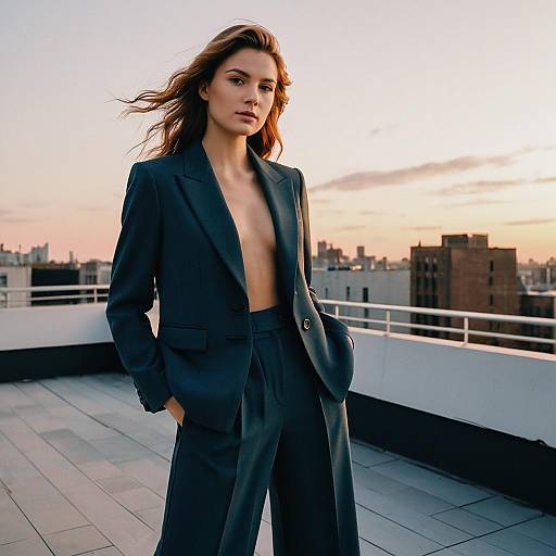 Confident Woman in Dark Teal Suit on Rooftop at Sunset