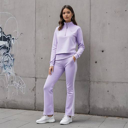 Woman in Lavender Tracksuit Against Urban Concrete Wall