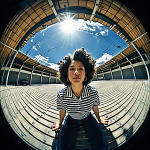 Young Woman Sitting Under Circular Roof Captured with Fisheye Lens