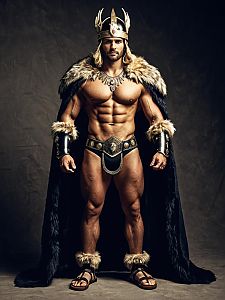 Muscular Warrior King in Fur Cape and Gold Crown Standing Confidently