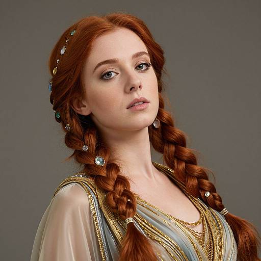 Red Haired Woman in Braided Jewelled Hairstyle and Elegant Classical Gown