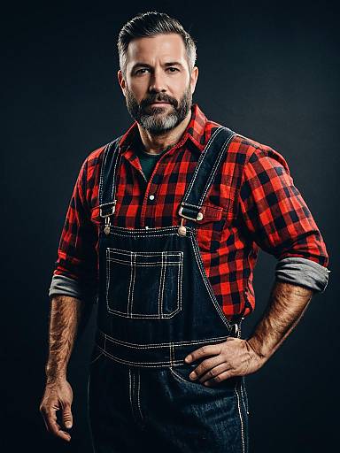 Photorealistic Portrait of Man in Lumberjack Costume with Red Checkered Shirt and Denim Overalls