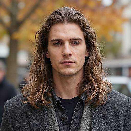 Young Man with Long Hair in Autumn Outdoor Portrait