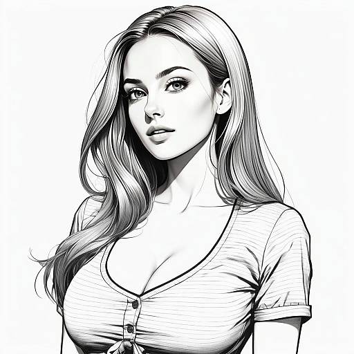 Black and White Digital Portrait of Young Woman in Striped Shirt