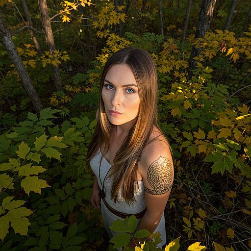 Young Woman with Tattoo in Forest Surrounded by Autumn Leaves