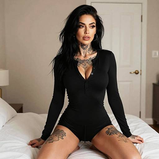 Tattooed Woman in Black Bodysuit Sitting on Bed Indoor Portrait