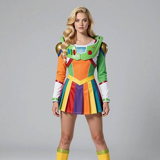 Woman Wearing Buzz Lightyear Inspired Colorful Cheerleader Costume