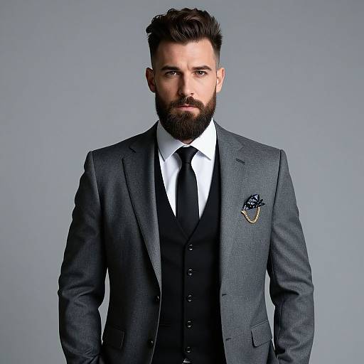 Confident Man in Modern Grey Suit with Black Vest and Pocket Square