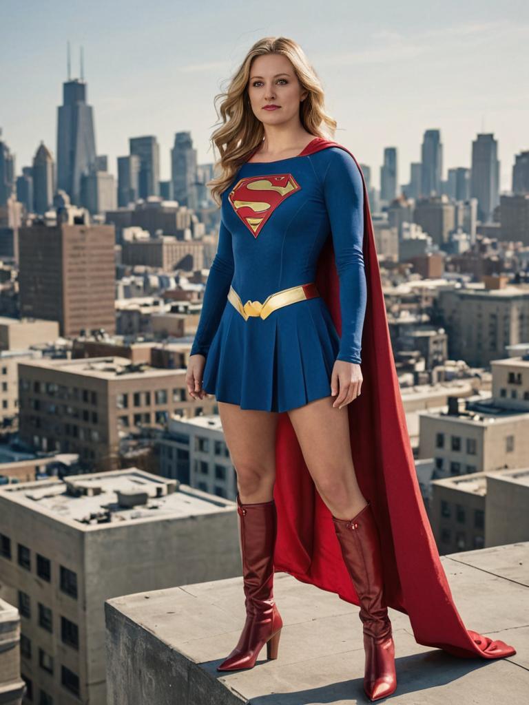 Supergirl Cosplay on Rooftop with City Skyline