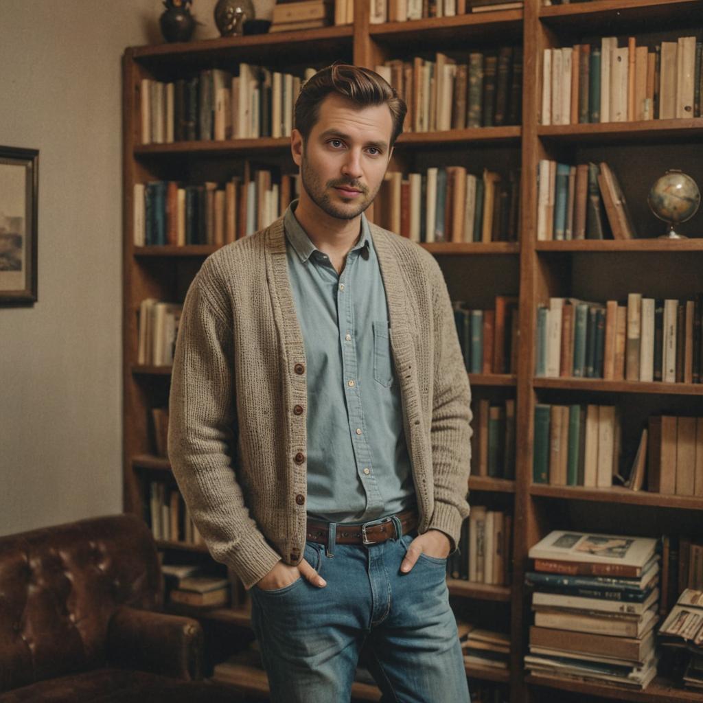 Stylish Young Man in Cozy Library