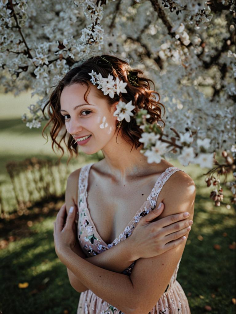 Young Woman Beneath Blooming Tree