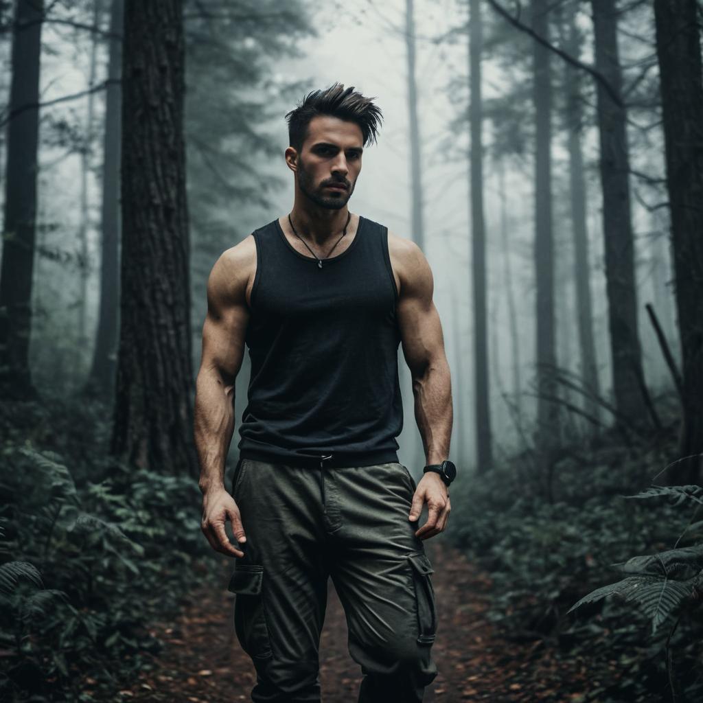 Muscular Man in Misty Forest