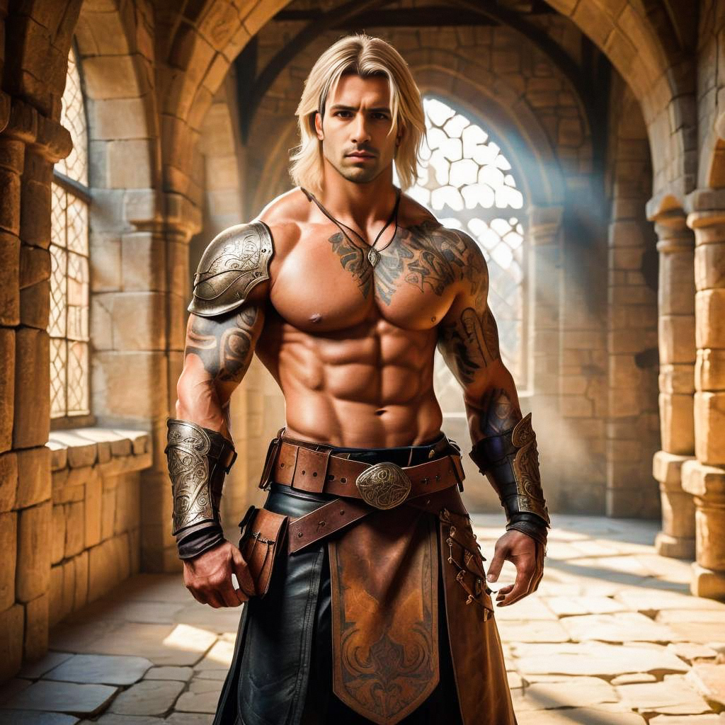 Muscular Fantasy Warrior in Medieval Hallway Muscular Fantasy Warrior in Medieval Hallway