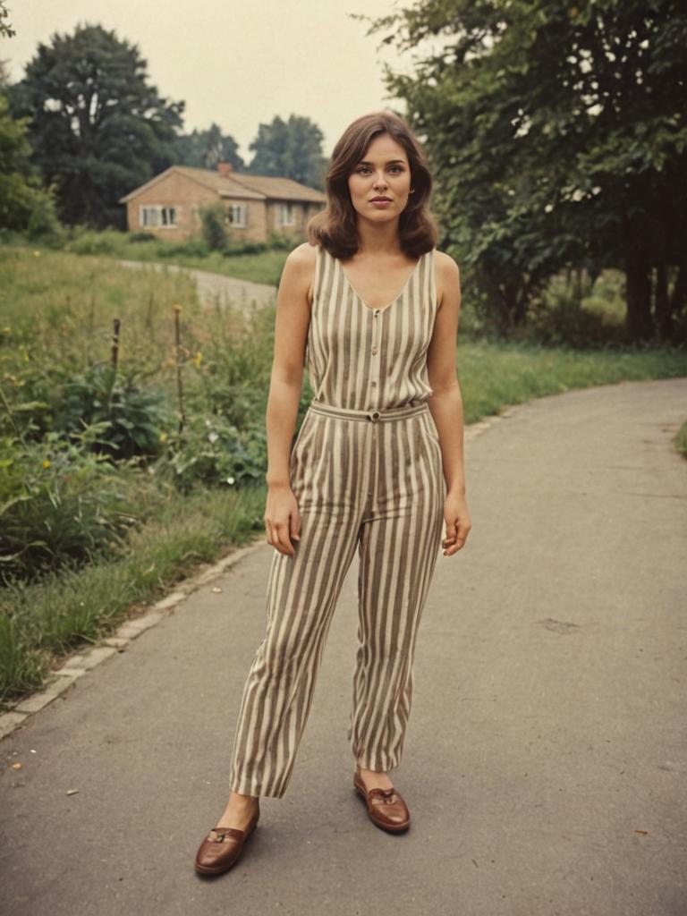 Woman in Striped Jumpsuit with Artistic Vibe