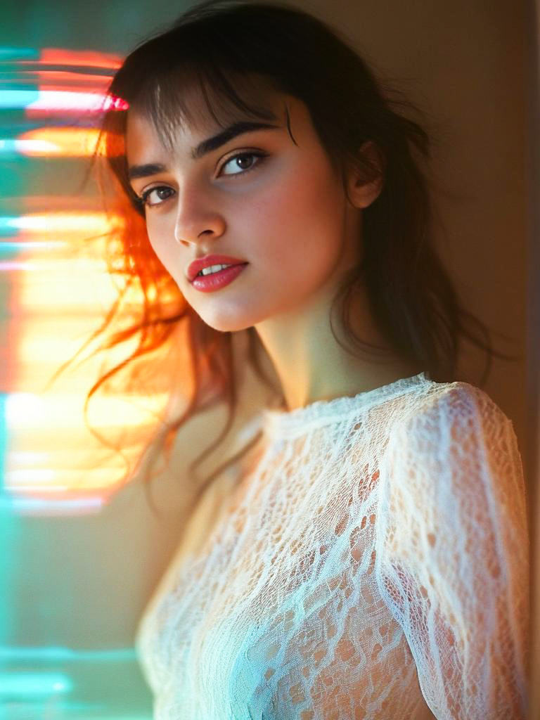 Elegant Young Woman in Colorful Lights