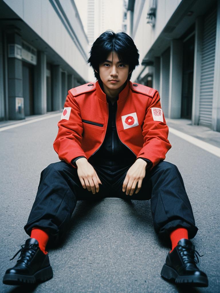Man in Realistic Akira Tsuchiya Cosplay Costume Sitting in Urban Alley