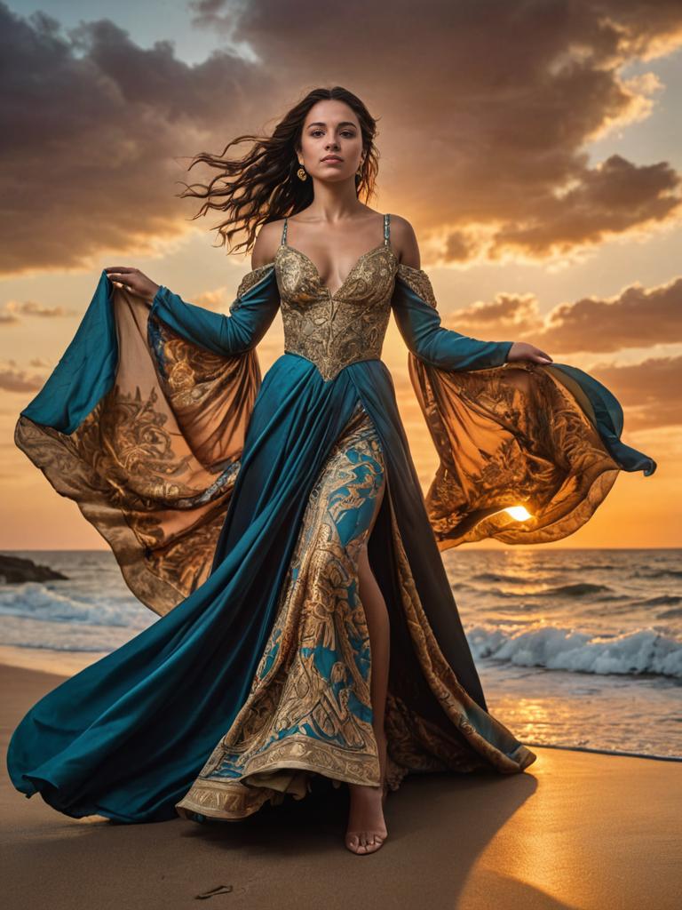 Woman in Teal Dress on Beach at Sunset