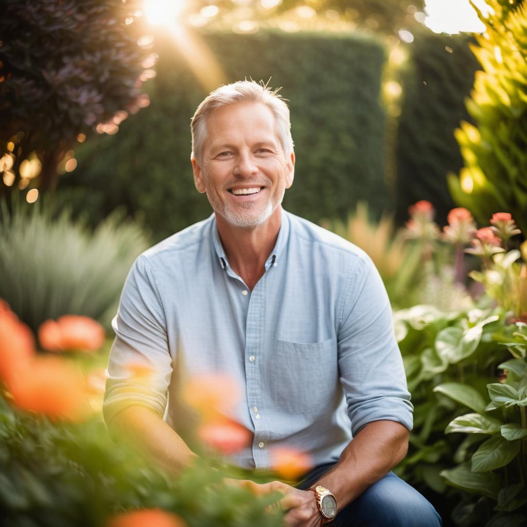 Cheerful man in garden with flowers