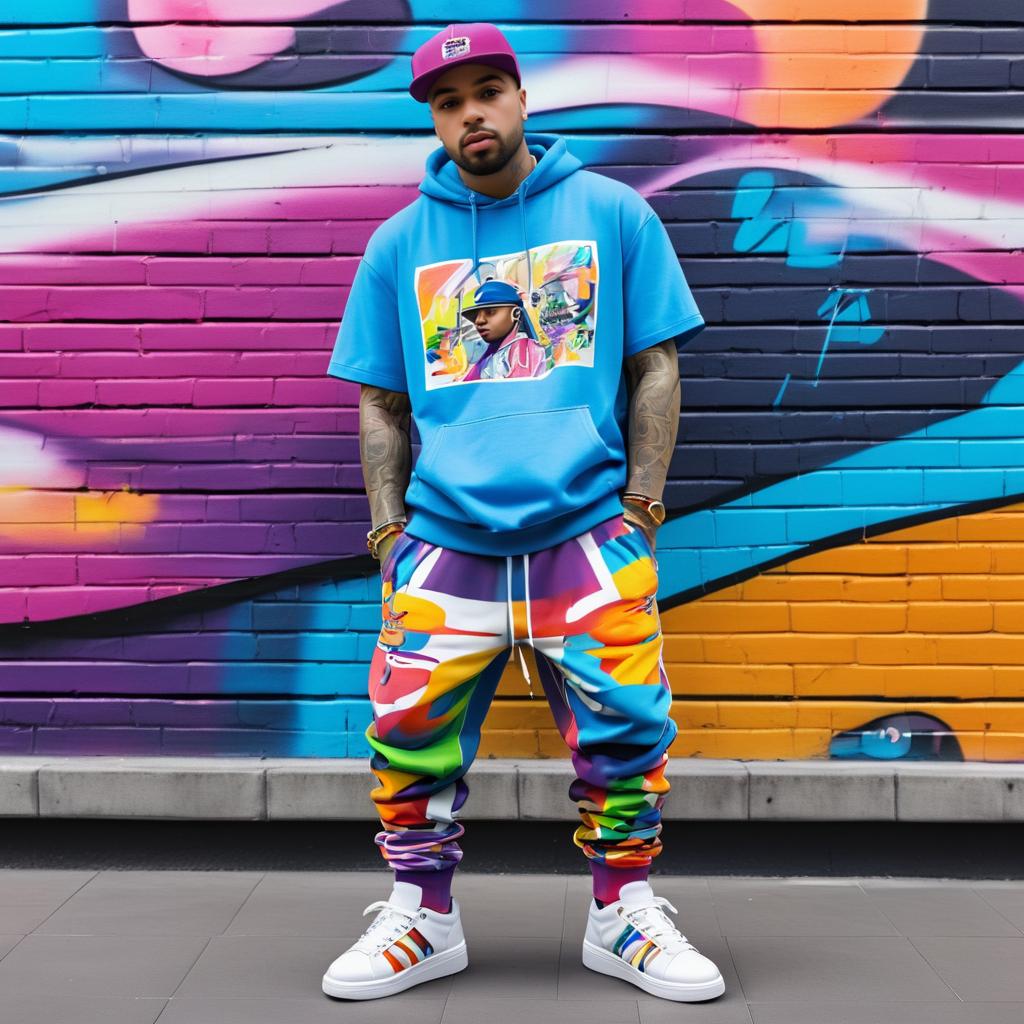 Stylish Young Man in Blue Hoodie and Graffiti Wall