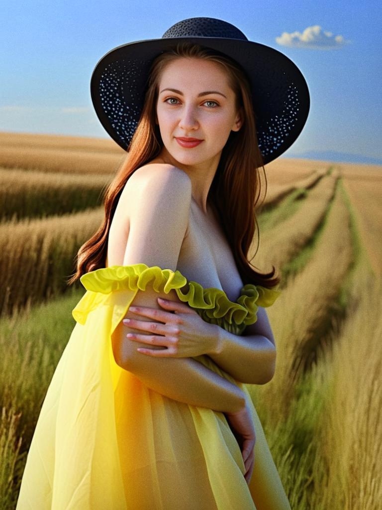 Young Woman in Yellow Gown in Golden Field