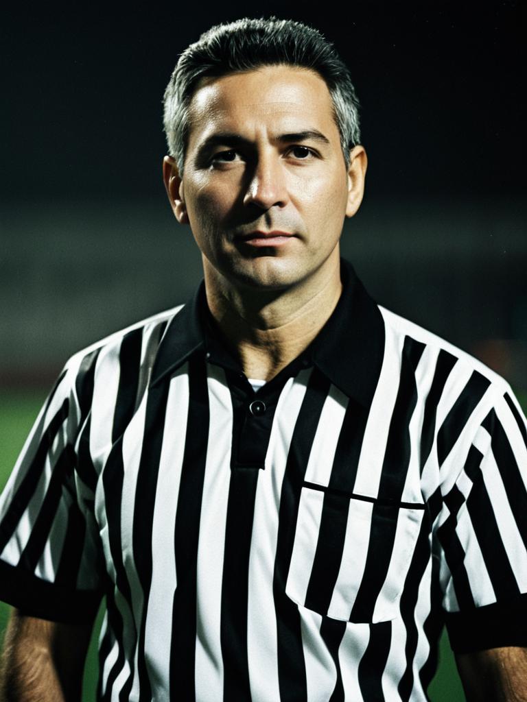 Man in Referee Costume Waist Up Editorial Portrait Photorealistic