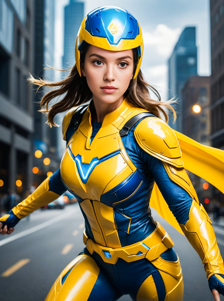 Young Woman in Yellow and Blue Superhero Costume