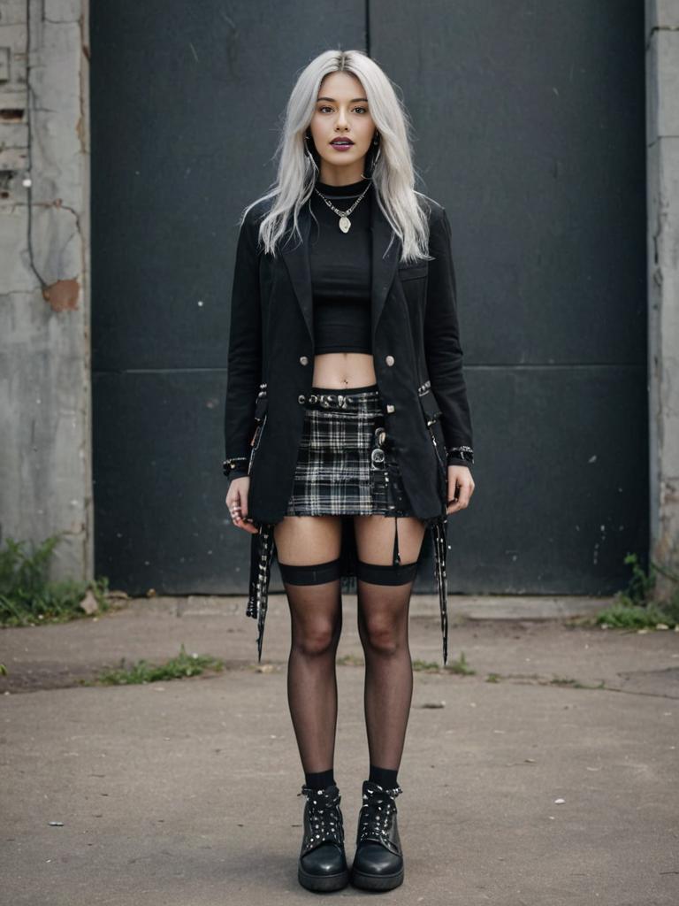 Stylish Woman in Edgy Black Outfit with Silver Hair