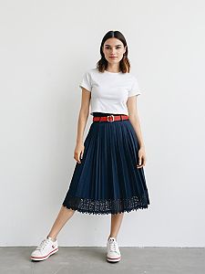 Young Woman in Casual White Tee and Navy Pleated Skirt with Red Belt